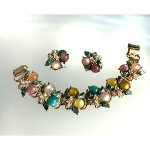 Vtg. Multicolor Pastel Moonstone Lucite Faux Pearl High End Bracelet Earring Set
